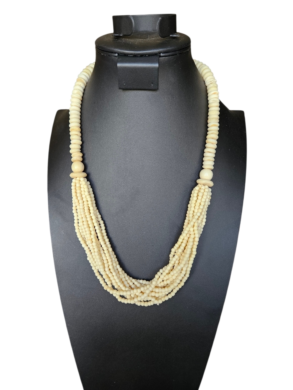 Vintage Multi Strand Carved Bone Necklace 24" Heishi And Seed Beads